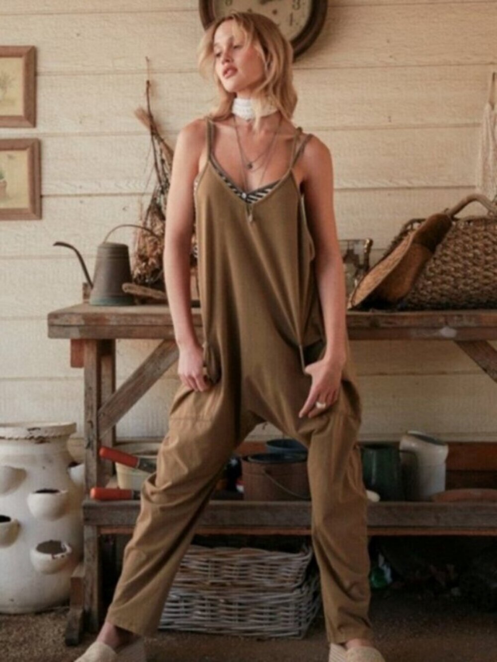 HEM & THREAD Drop Crotch Baggy Romper Moss Green NWT